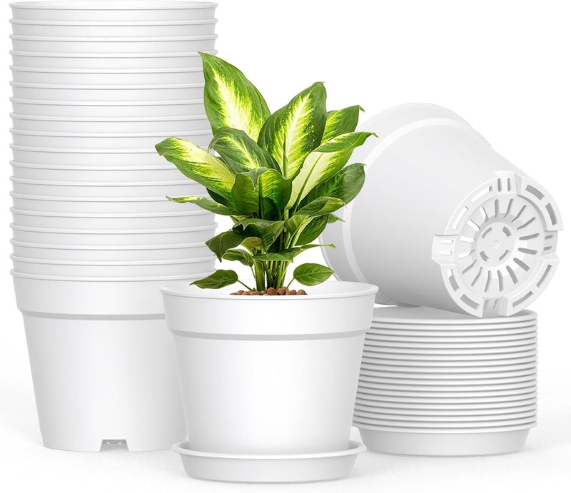 SwinDuck 20 Pack 6 Inch Plant Pots with Drainage and Saucers, White Plastic Flower Pots for Indoor and Outdoor Plants, Stackable Nursery Planters for Houseplants and Herbs, White - Image 1